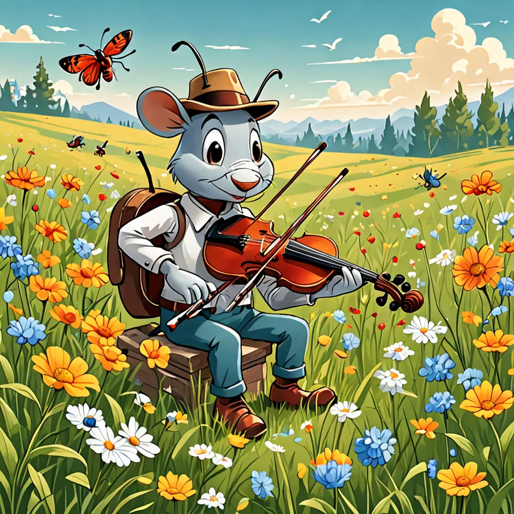 a mouse playing violin in a field of flowers and butterflies with a butterfly flying above it and a butterfly on the ground, synthetism, a storybook illustration, Cliff Childs, storybook illustration