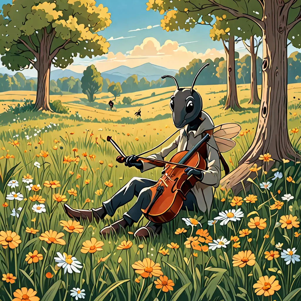 a bug playing a violin in a field of flowers and trees with a butterfly on its back, with a man in the background, synthetism, a storybook illustration, Asaf Hanuka, storybook illustration