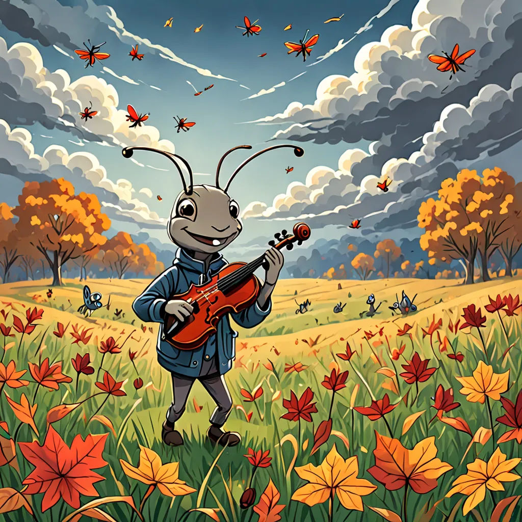 a cartoon character playing a violin in a field of flowers and butterflies with a sky background with clouds and butterflies, pop surrealism, a storybook illustration, Chris LaBrooy, promotional image