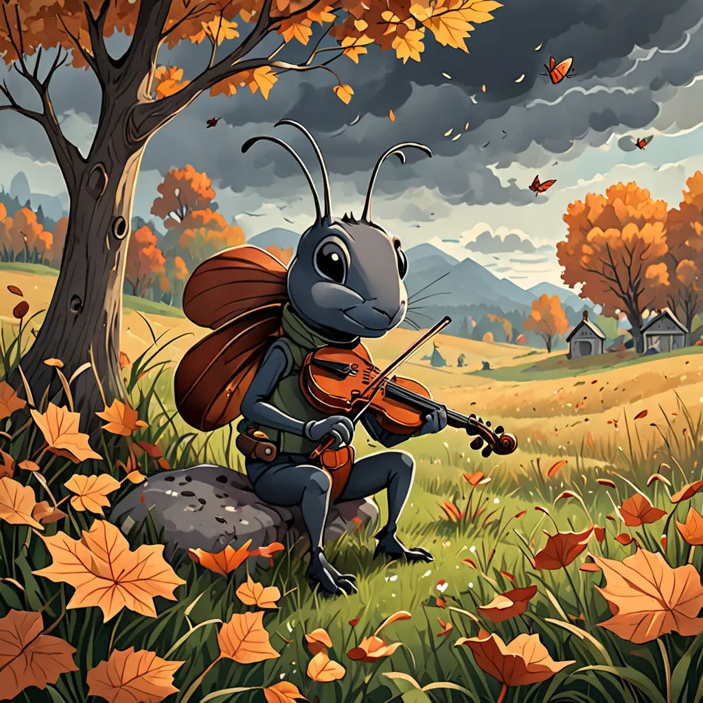 a bug playing a violin in a field of leaves and a tree with a house in the background in autumn, fantasy art, a storybook illustration, Chris LaBrooy, storybook illustration