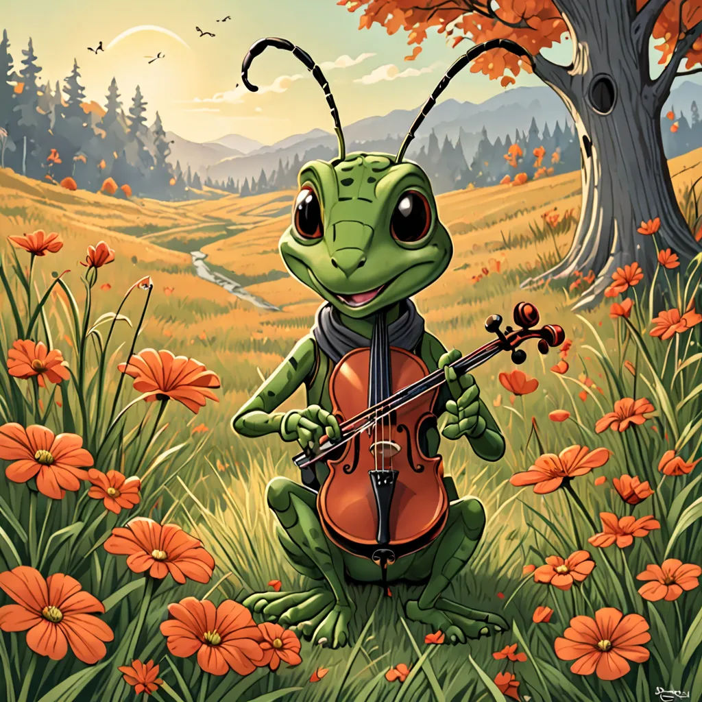 a cartoon character playing a violin in a field of flowers and trees with a butterfly on its head and a bug on its back, fantasy art, a storybook illustration, Chris LaBrooy, storybook illustration