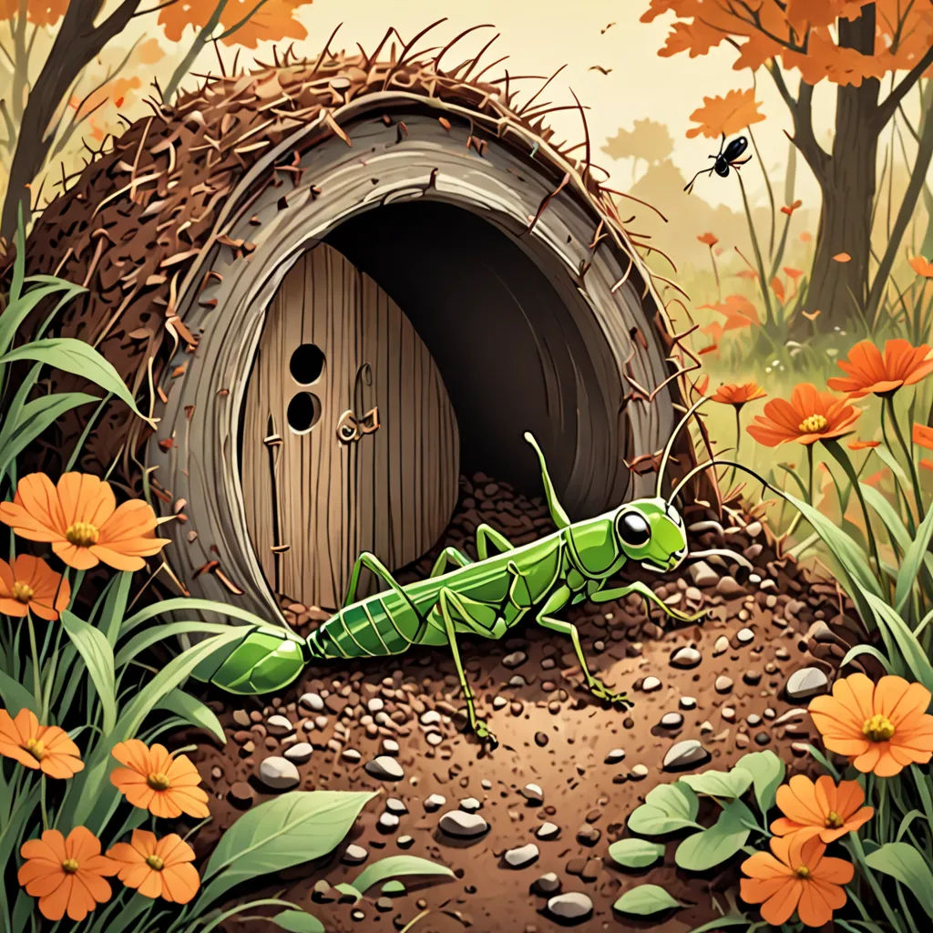 a green bug crawling out of a hole in the ground next to flowers and a bug on the ground, fantasy art, a storybook illustration, David Martin, storybook illustration