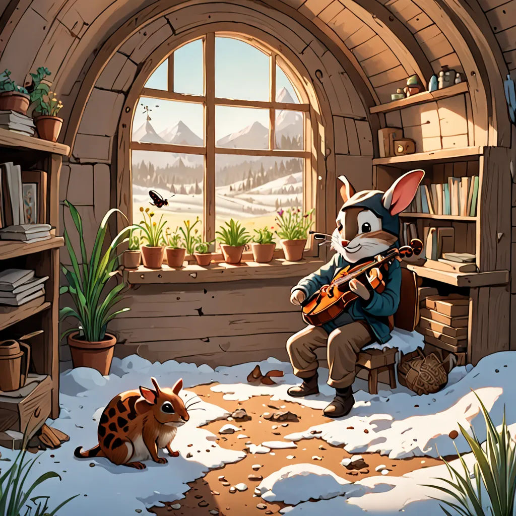 a rabbit playing a violin in a room with a cat and a squirrel in the snow and a window, fantasy art, a storybook illustration, Chris LaBrooy, rossdraws global illumination