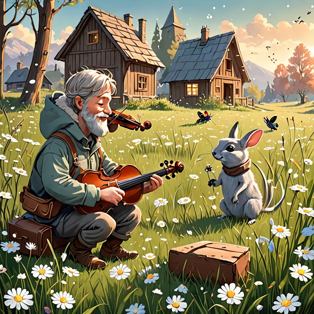 a man playing a violin in a field with a rabbit and a house in the background with daisies, fantasy art, a storybook illustration, Chris LaBrooy, storybook illustration