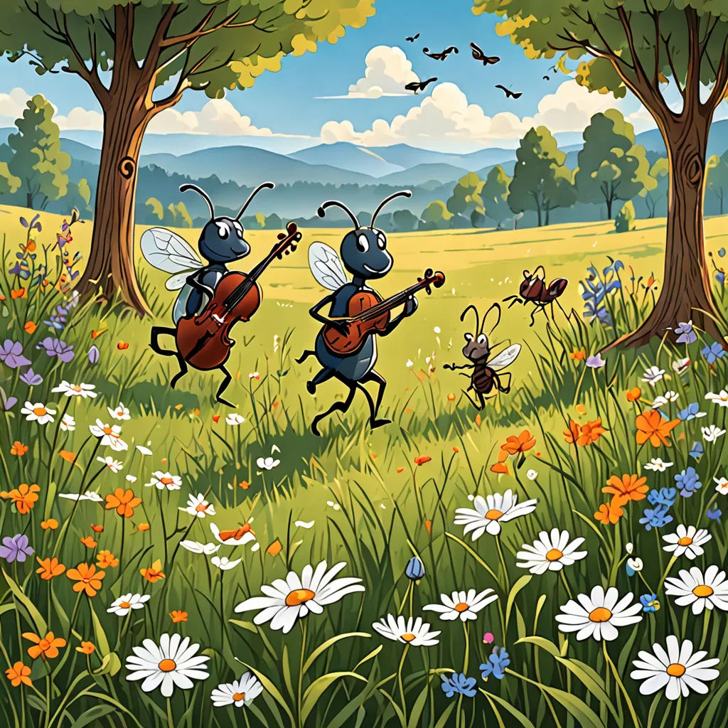 a painting of two bugs playing violin in a field of flowers and daisies with a bee on the violin, synthetism, a storybook illustration, Andries Stock, storybook illustration