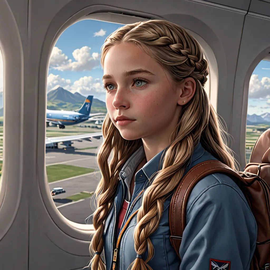 a girl with long braids looking out an airplane window at a plane runway and a plane taking off, photorealism, a hyperrealistic painting, Bob Byerley, highly detailed digital painting