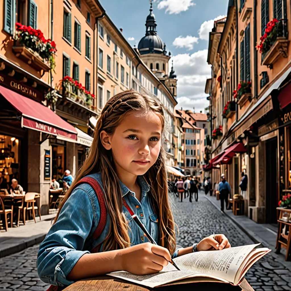 a girl sitting at a table reading a book in a european street setting with a clock tower in the background, paris school, a storybook illustration, Evgeny Lushpin, portrait photography