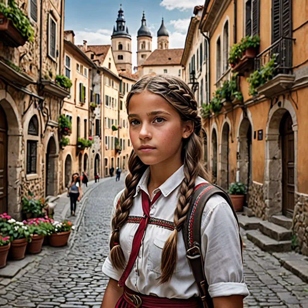 a girl in a school uniform is standing in a street with flowers in the background and a building with a clock tower, art photography, a detailed matte painting, Daniel Lieske, 8k artistic photography