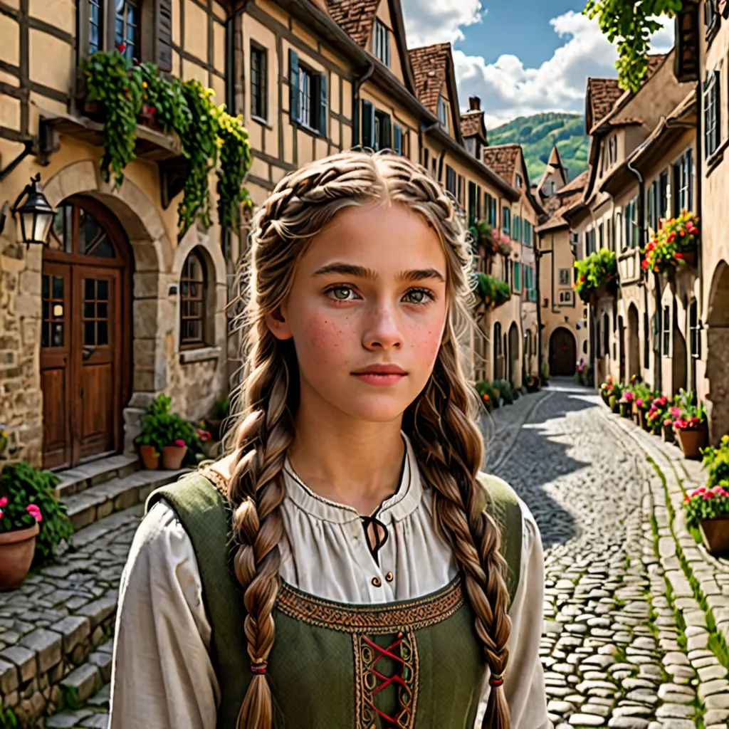 a girl in a green dress standing in a cobblestone street in a european village with flowers and potted plants, arts and crafts movement, a detailed matte painting, Claire Falkenstein, promotional image
