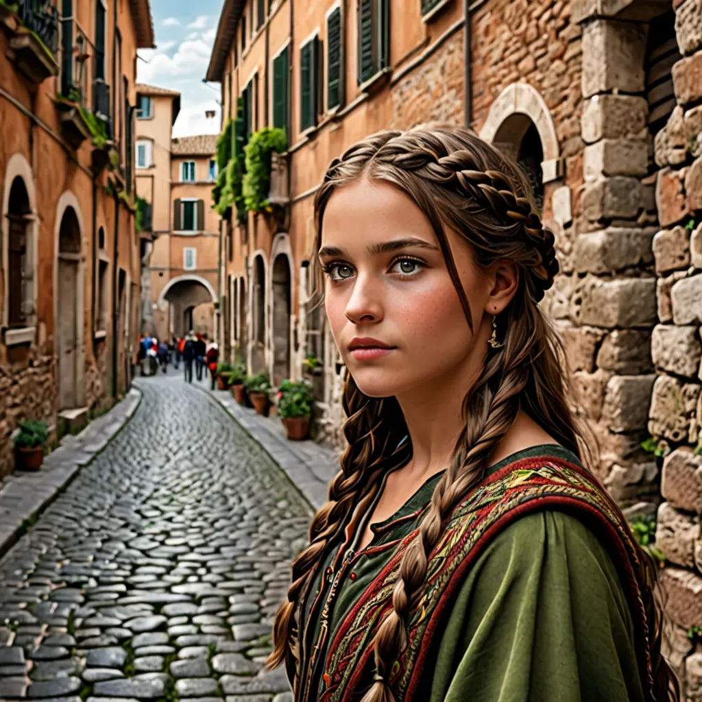 a woman in a green dress standing on a cobblestone street in a town with buildings and a clock, art photography, a detailed matte painting, Amalia Lindegren, 8k artistic photography
