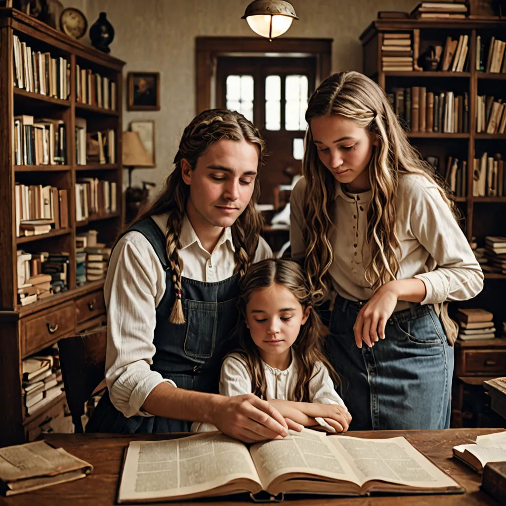 a woman and two girls are looking at a book together in a library with a book on the table, private press, a colorized photo, Anne Said, promotional image