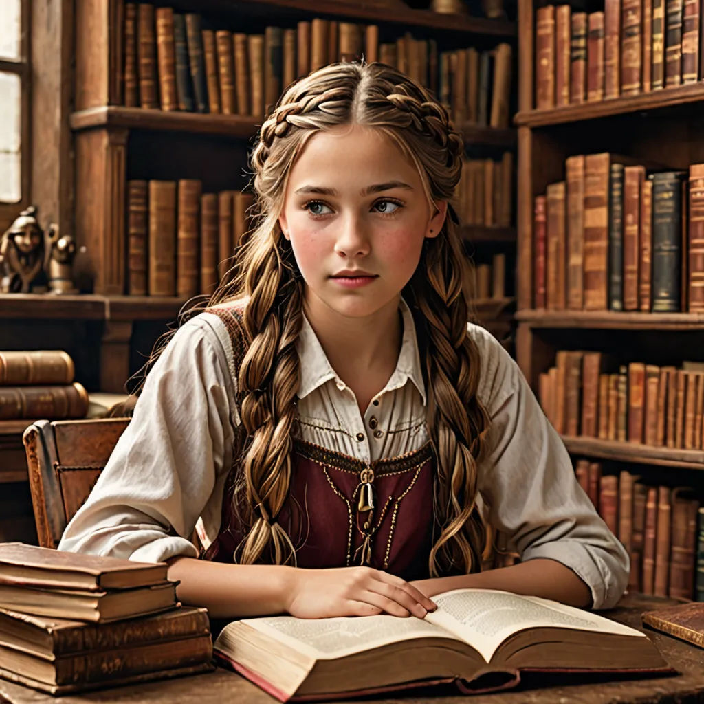 a girl sitting at a table with a book in front of her and a book in front of her, arts and crafts movement, a character portrait, Brigette Barrager, promotional image