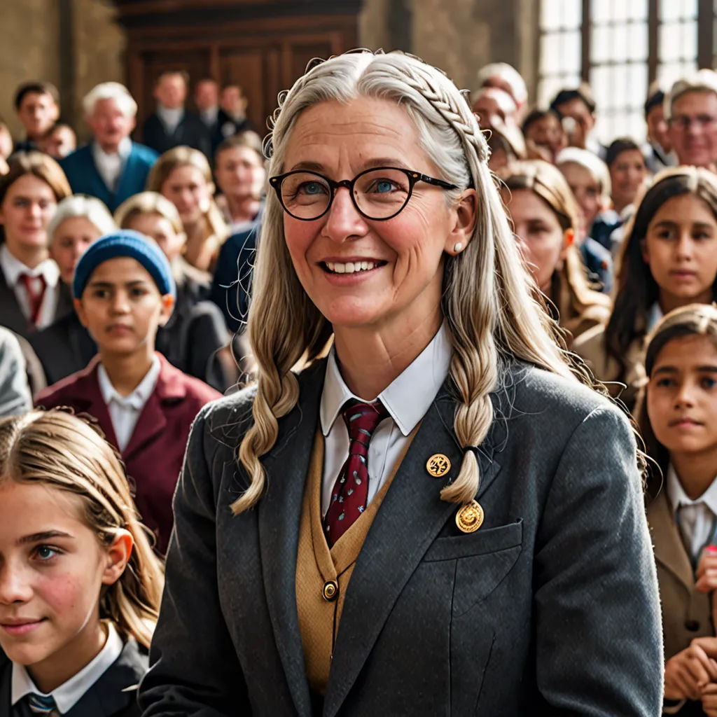 a woman in a suit and tie standing in front of a group of children in school uniforms and holding a book, quito school, a character portrait, Anne Said, promotional image