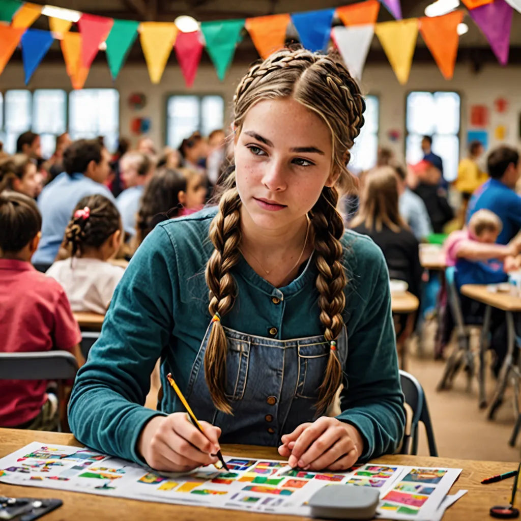 a girl sitting at a desk with a book and pencil in her hand and a book in front of her, arbeitsrat für kunst, a character portrait, Daphne Fedarb, promotional image