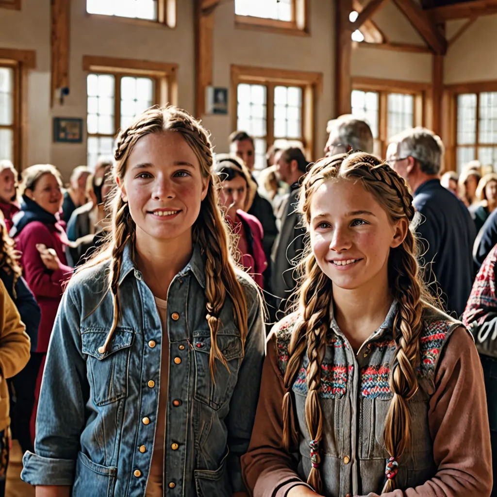 two girls standing next to each other in a room full of people and smiling for the camera with a crowd of people behind them, arts and crafts movement, a character portrait, Elinor Proby Adams, promotional image