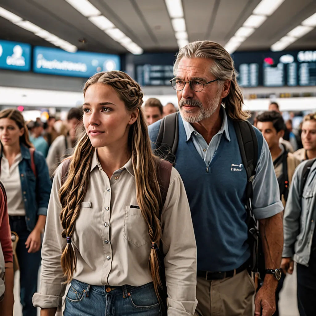 a man and a woman walking through a crowd of people in a terminal with a man with long hair, viennese actionism, a poster, Daniel Lieske, movie still