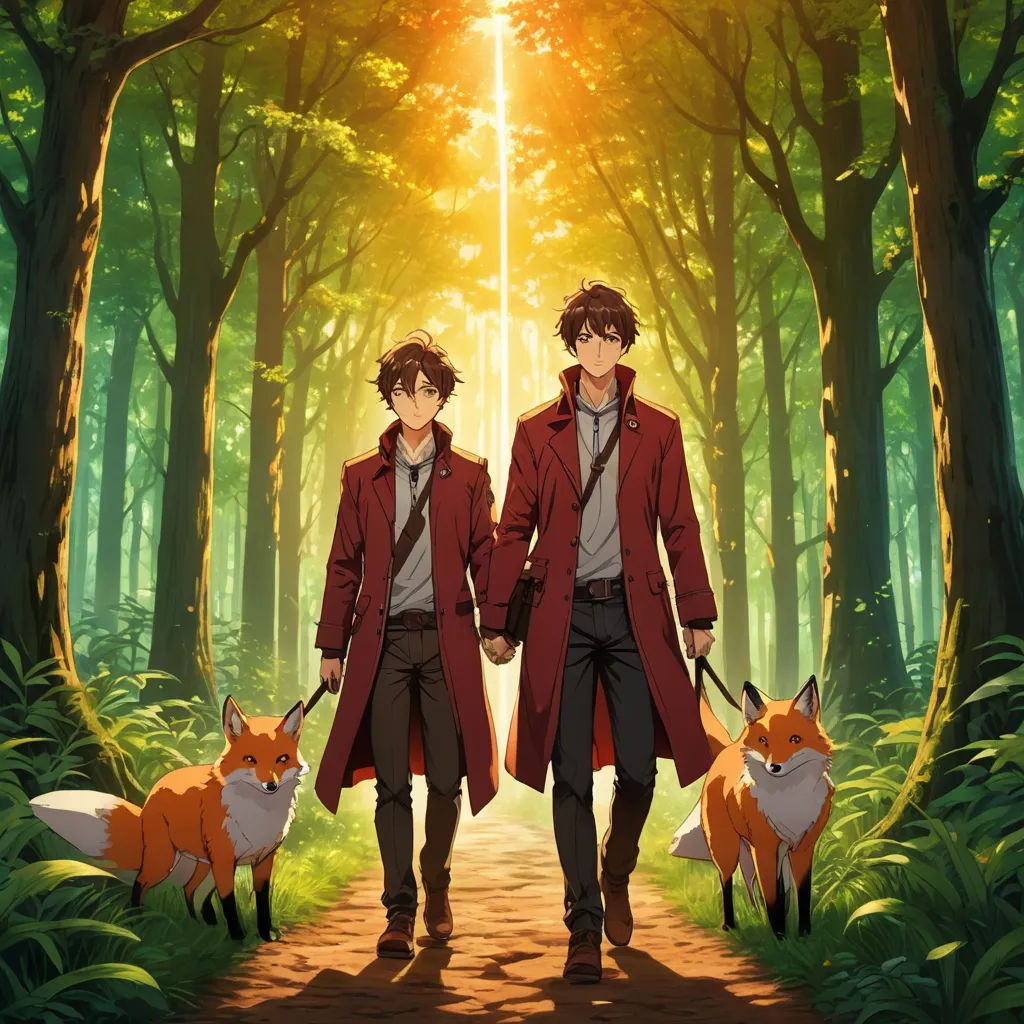 two people in red coats walking through a forest with two foxes on leashes in front of them,, neo-romanticism, a poster, Anne Said, official art