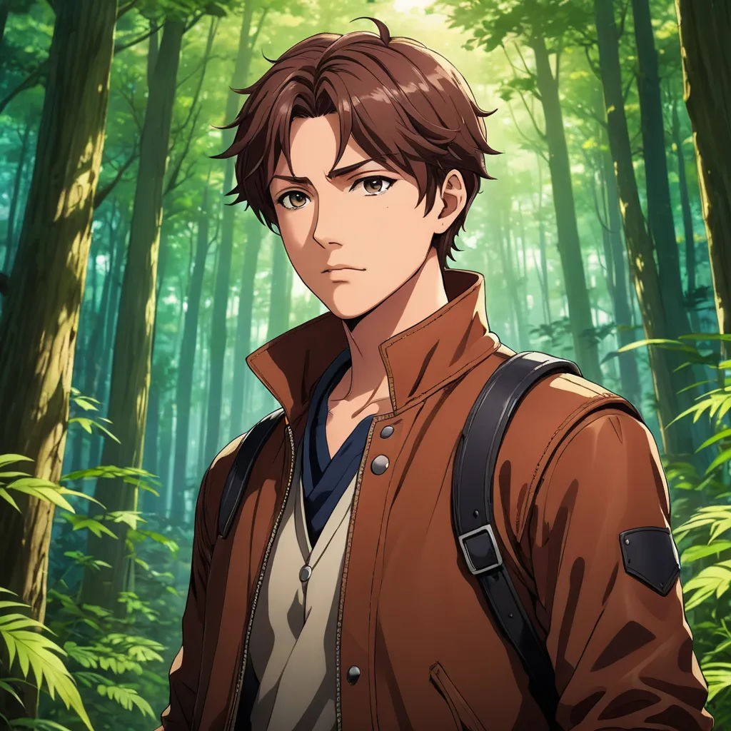 a man in a brown jacket standing in a forest with trees and bushes behind him, looking at the camera, sots art, a character portrait, Cedric Seaut (Keos Masons), official art