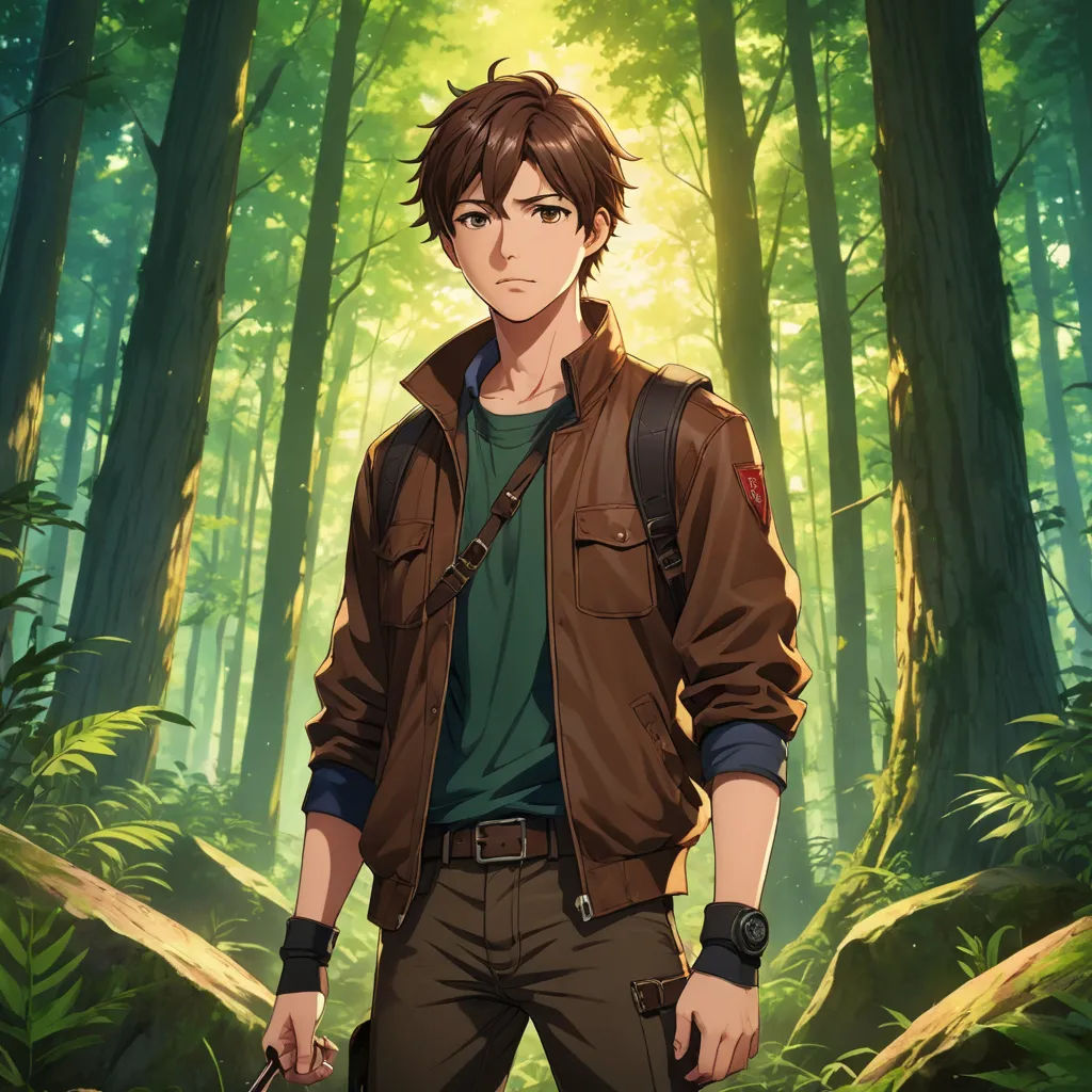 a man in a forest holding a knife and a book bag in his hand, with a forest background, sots art, a character portrait, Cedric Seaut (Keos Masons), official art