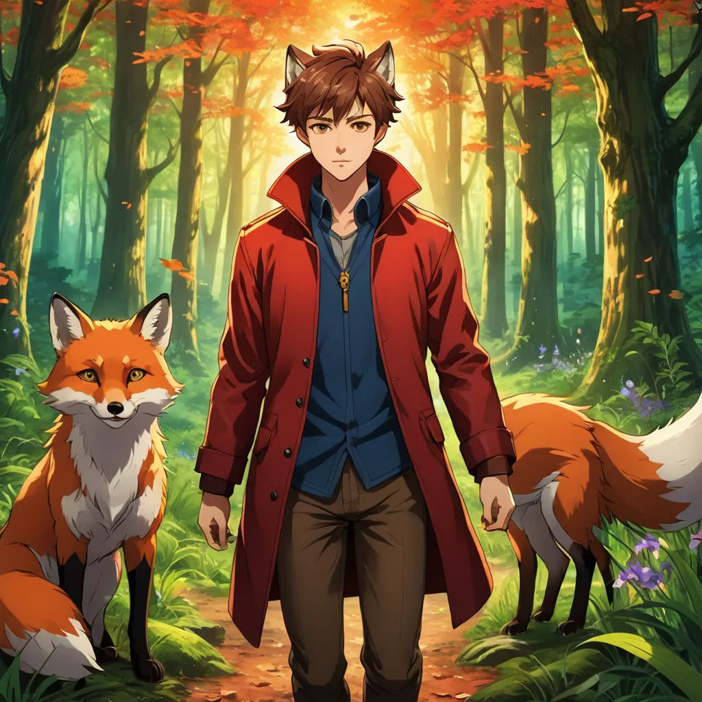 a man in a red coat standing in a forest with two foxes behind him and a red fox behind him, furry art, a character portrait, Cedric Seaut (Keos Masons), official art