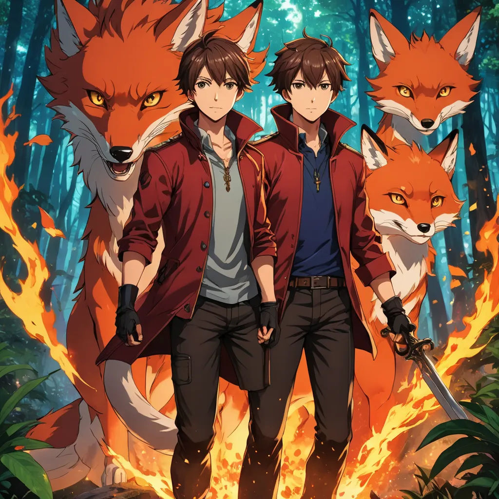 two anime characters standing in front of a fire with two foxes on their backs and one holding a sword, rayonism, poster art, Ai-Mitsu, official art