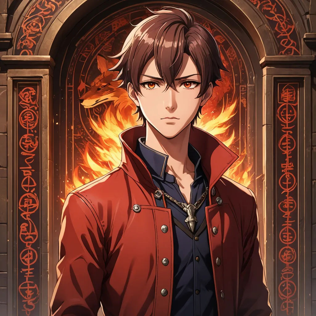 a man in a red jacket standing in front of a fire door with a sword in his hand and a red jacket on, sots art, a character portrait, Anne Said, official art