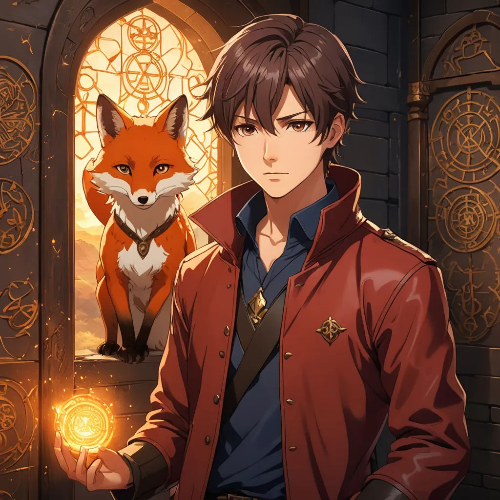 a man in a red jacket standing next to a fox in a doorway with a window behind him and a red fox in the background, sots art, a character portrait, Cedric Seaut (Keos Masons), official art