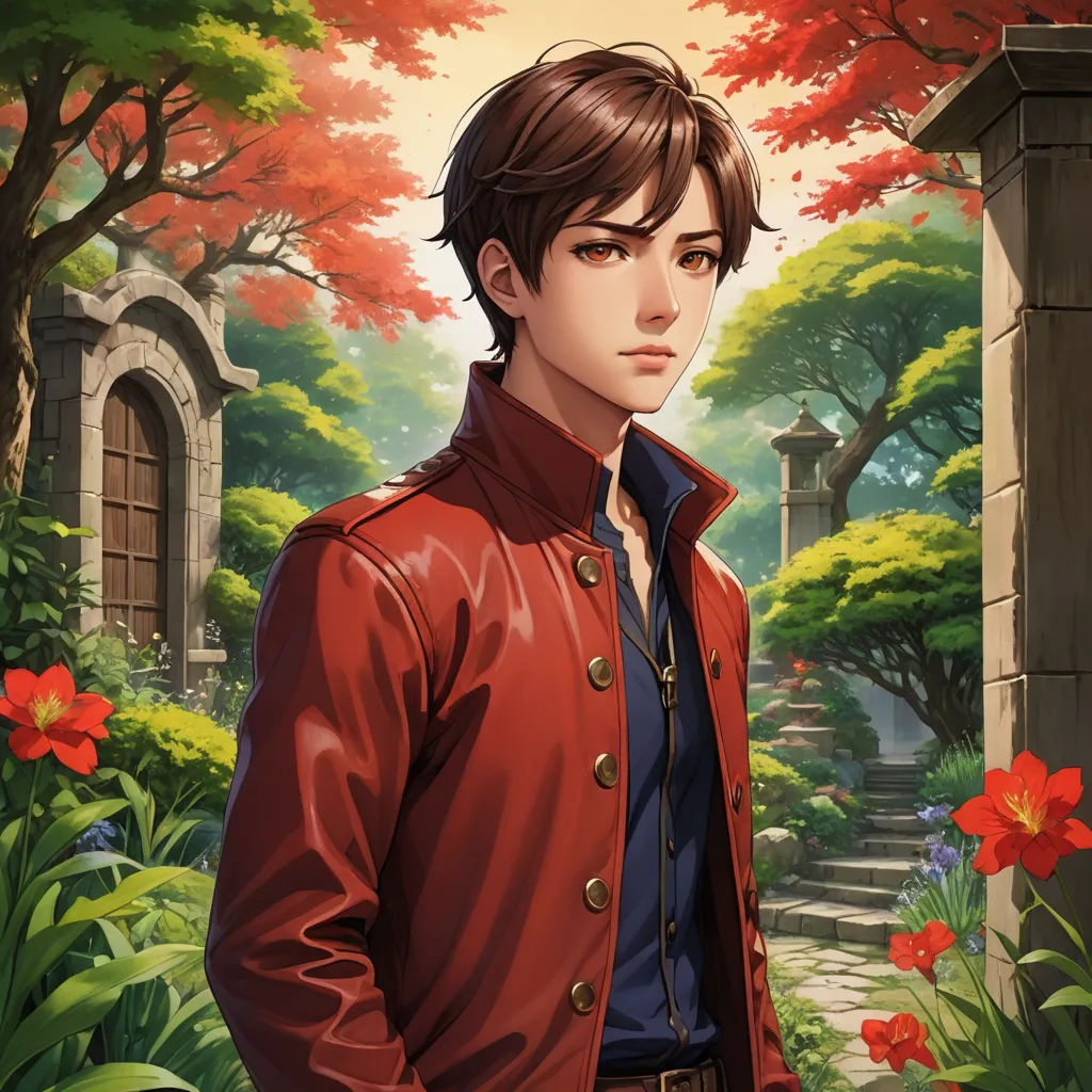 a man in a red jacket standing in front of a garden with red flowers and trees in the background, sots art, a character portrait, Cedric Seaut (Keos Masons), character portrait