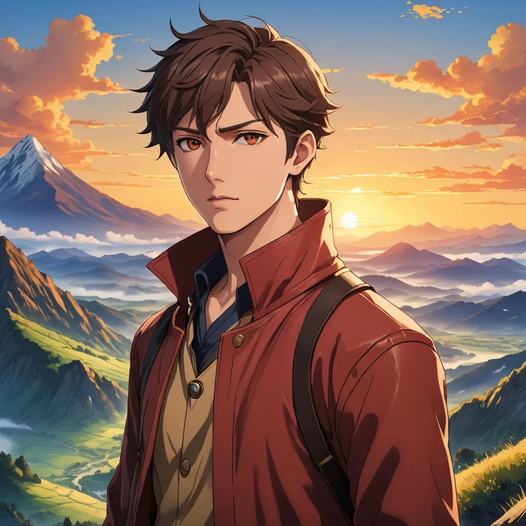 a man standing in front of a mountain with a sunset behind him and a mountain range in the background, sots art, a character portrait, Cedric Seaut (Keos Masons), official art