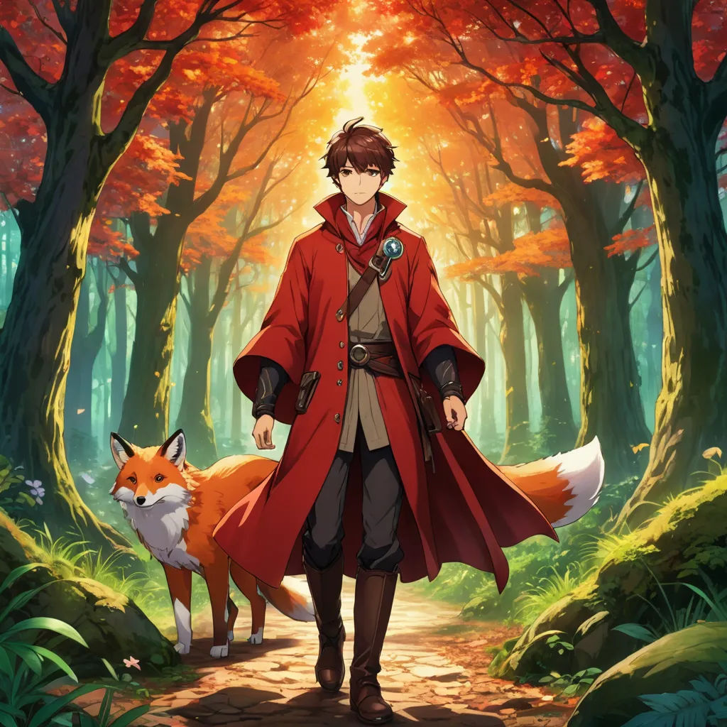 a man in a red coat and a fox in a forest with trees and leaves on the ground and a red fox in the foreground, rayonism, concept art, Cedric Seaut (Keos Masons), official art