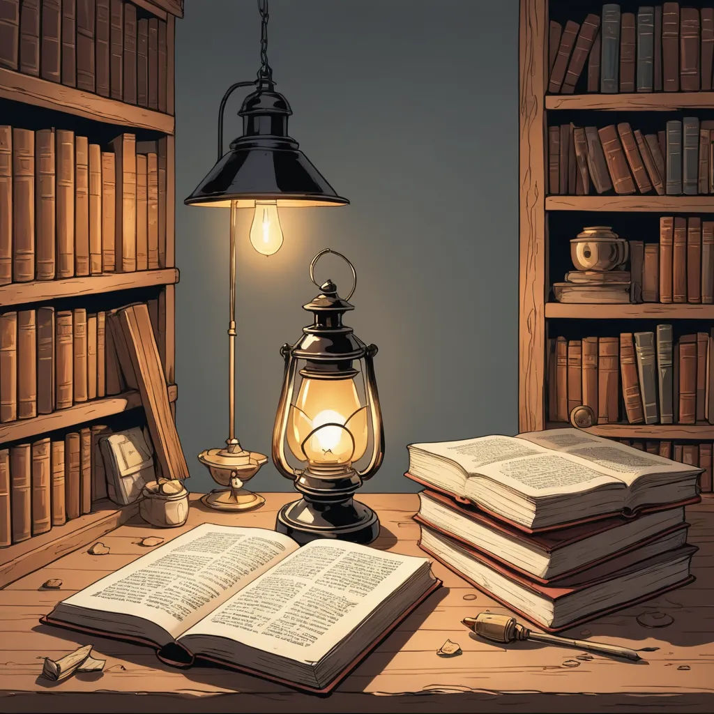 a lamp and books on a table in a room with bookshelves and a lamp shade on it, fantasy art, a storybook illustration, Evgeny Lushpin, storybook illustration