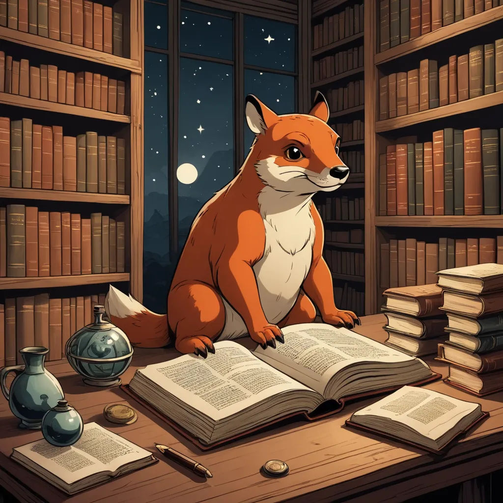 a fox sitting on a table in a library with books and a teapot on the table and a full moon in the background, fantasy art, a storybook illustration, Colin Middleton, storybook illustration