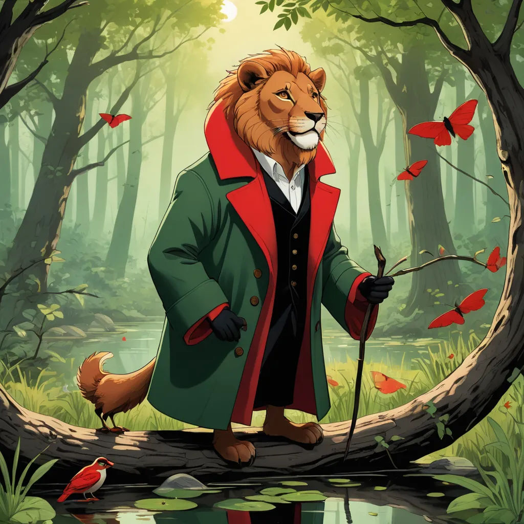 a lion in a green coat standing on a log in a forest with a red hood and a red tail, furry art, a character portrait, Chris LaBrooy, official art