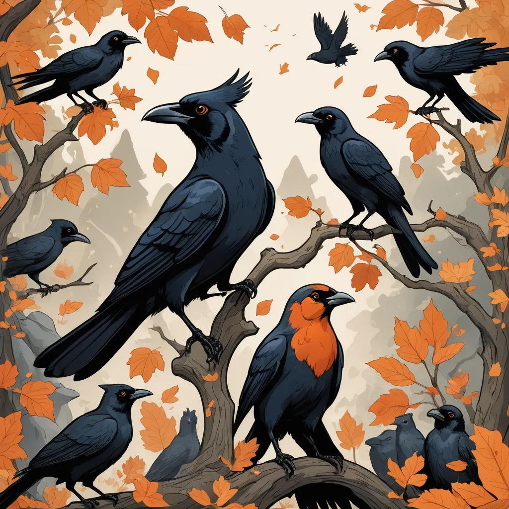 a group of birds sitting on top of a tree branch in a forest with leaves and a sky background, generative art, poster art, Dan Mumford, birds