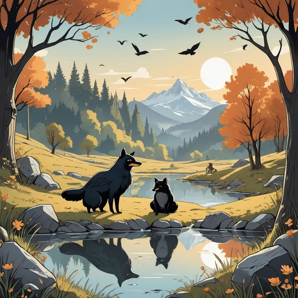 a couple of animals that are standing in the grass near a river and trees with a mountain in the background, furry art, a storybook illustration, Chris LaBrooy, comic cover art