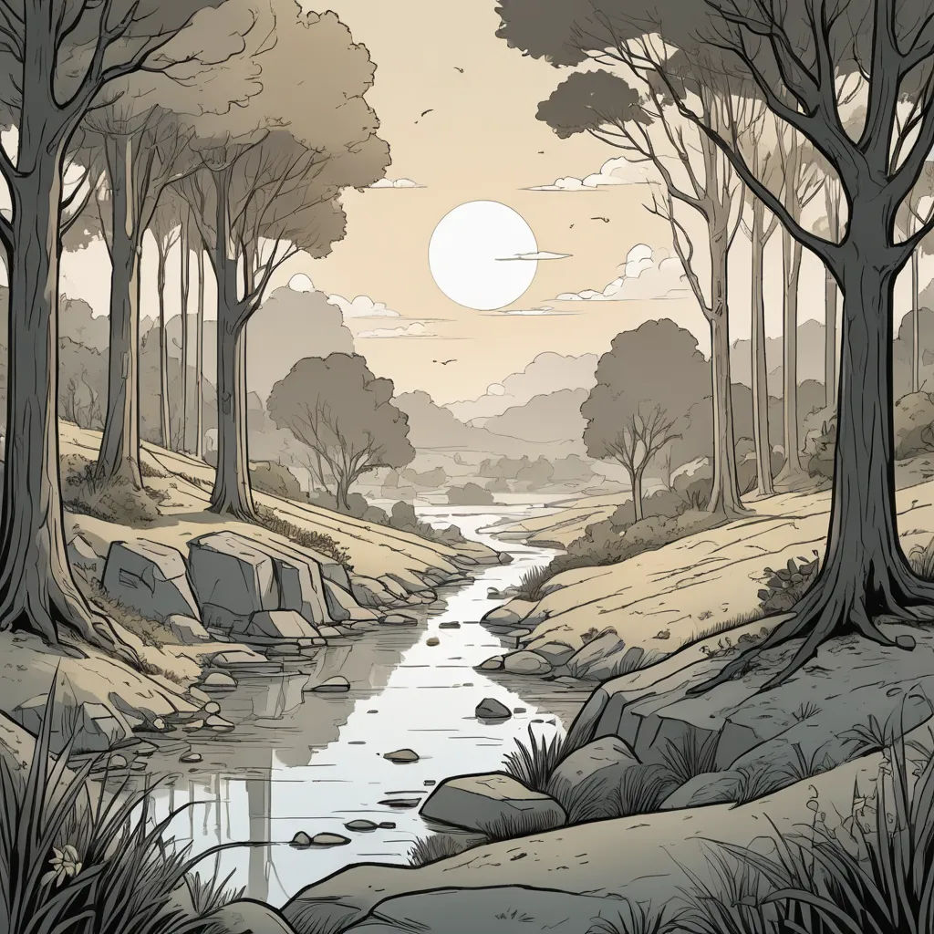 a river running through a forest next to a forest filled with trees and rocks under a sunlit sky, fantasy art, a storybook illustration, Dan Mumford, storybook illustration