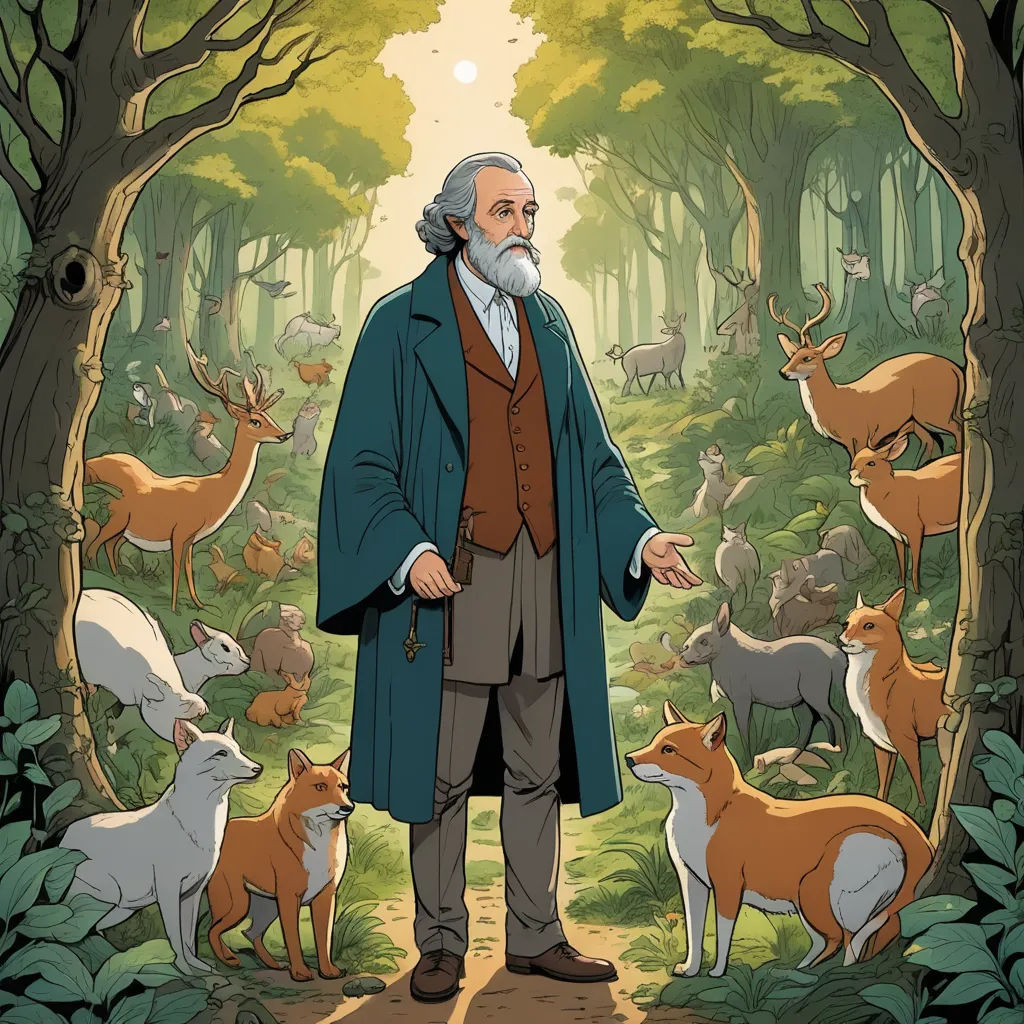 a man standing in a forest surrounded by animals and trees with a beard and a beard on his head, naturalism, a storybook illustration, Ernst Haeckel, comic cover art