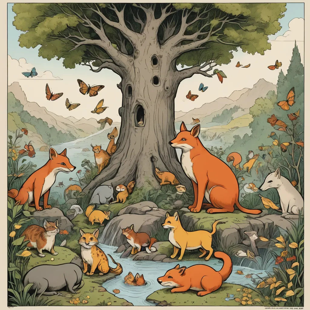 a painting of a forest with animals and a tree with butterflies flying around it and a stream running through it, naturalism, a storybook illustration, Chris LaBrooy, storybook illustration