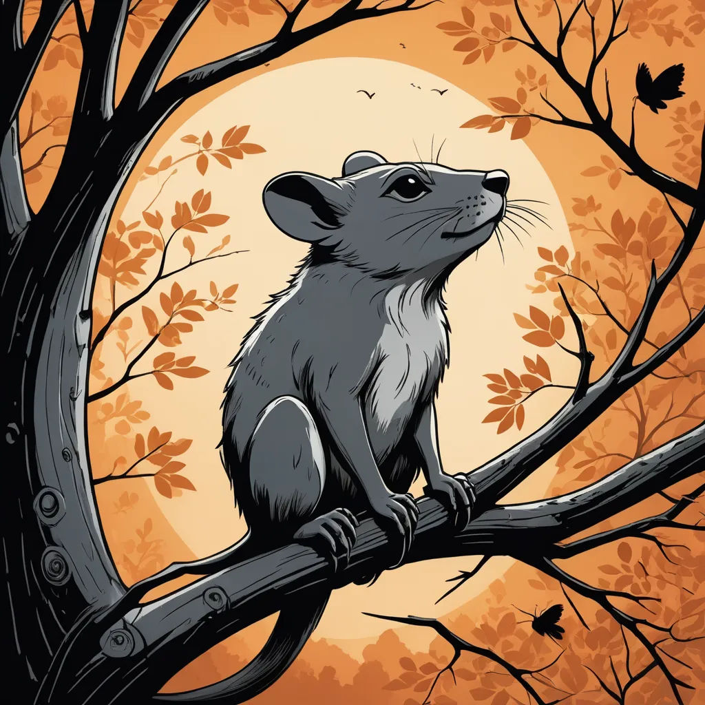a cartoon mouse sitting on a tree branch in front of a full moon with butterflies flying around it and a full moon behind it, fantasy art, a storybook illustration, Dan Mumford, storybook illustration