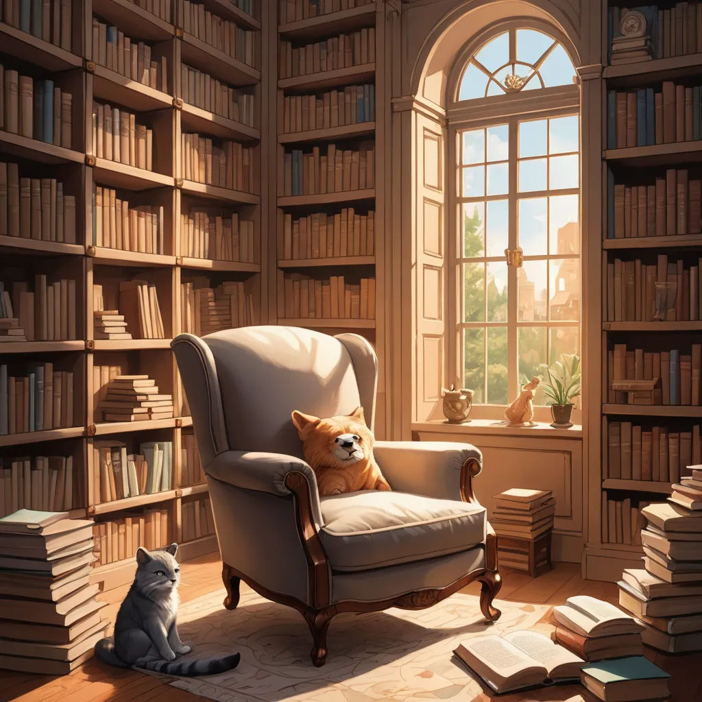 a cat sitting in a chair in a library with a cat sitting on the floor in front of a window, fantasy art, a storybook illustration, Chris LaBrooy, storybook illustration