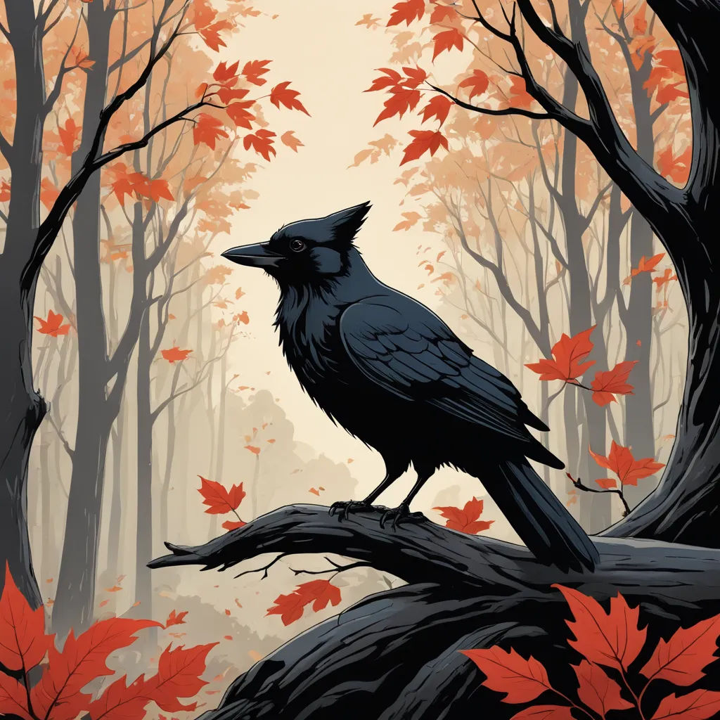 a black bird sitting on a branch in a forest with red leaves on the ground and a yellow sky, fantasy art, poster art, Dan Mumford, josan gonzales and dan mumford