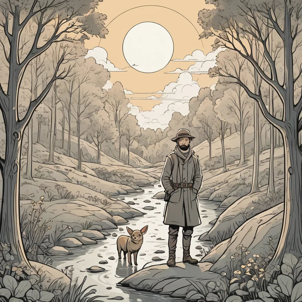a man standing in a forest with a dog on a leash next to a stream of water with a sun in the background, private press, a character portrait, Asaf Hanuka, comic cover art