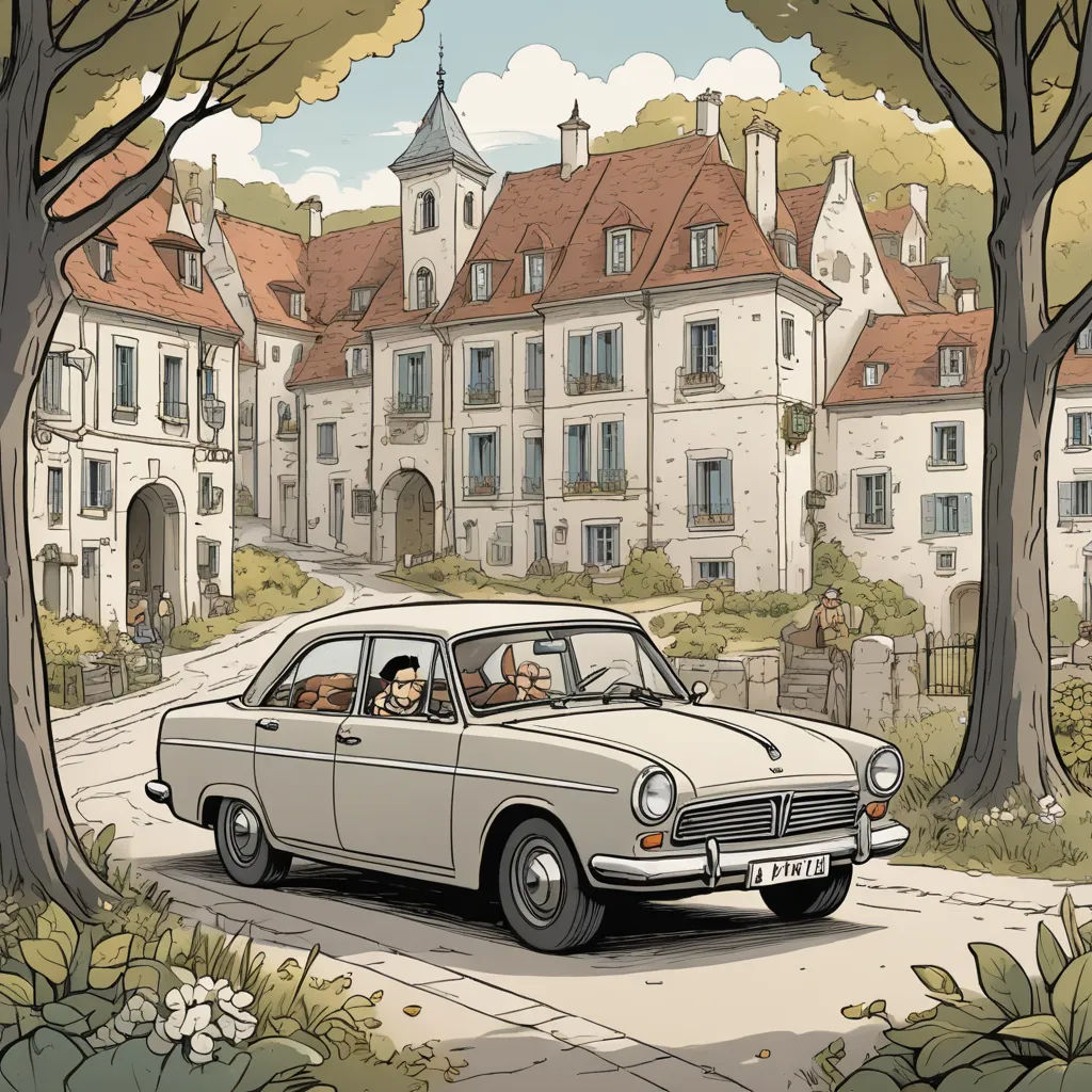 a car driving down a street past a tall building with a clock tower on top of it's roof, les automatistes, a storybook illustration, Cedric Seaut (Keos Masons), storybook illustration