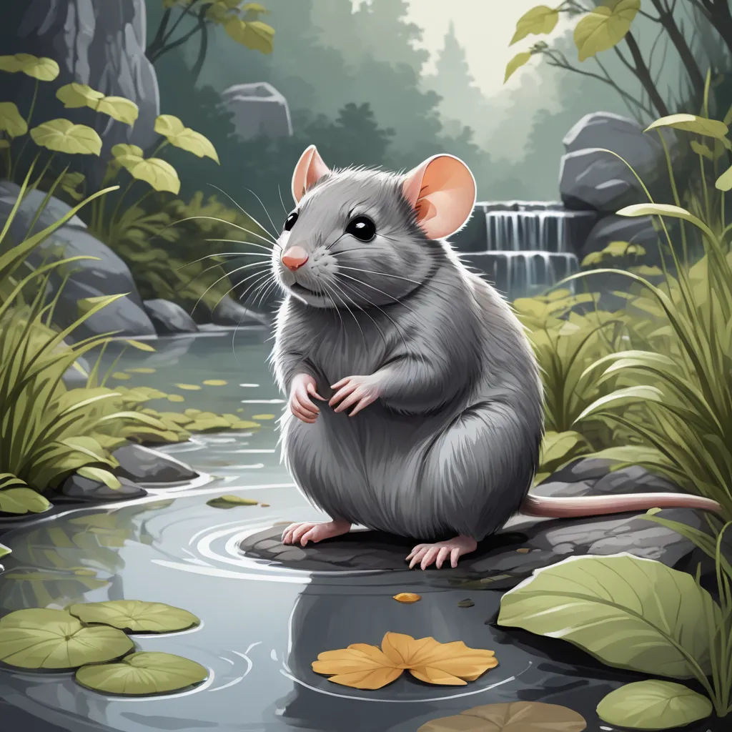 a mouse sitting on a rock in a pond of water with lily pads and a waterfall in the background, fantasy art, a storybook illustration, Chris LaBrooy, storybook illustration
