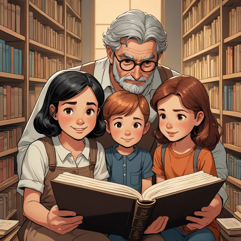 a man reading a book to two children in a library with a bookcase full of books behind him, process art, a storybook illustration, Cliff Childs, storybook illustration