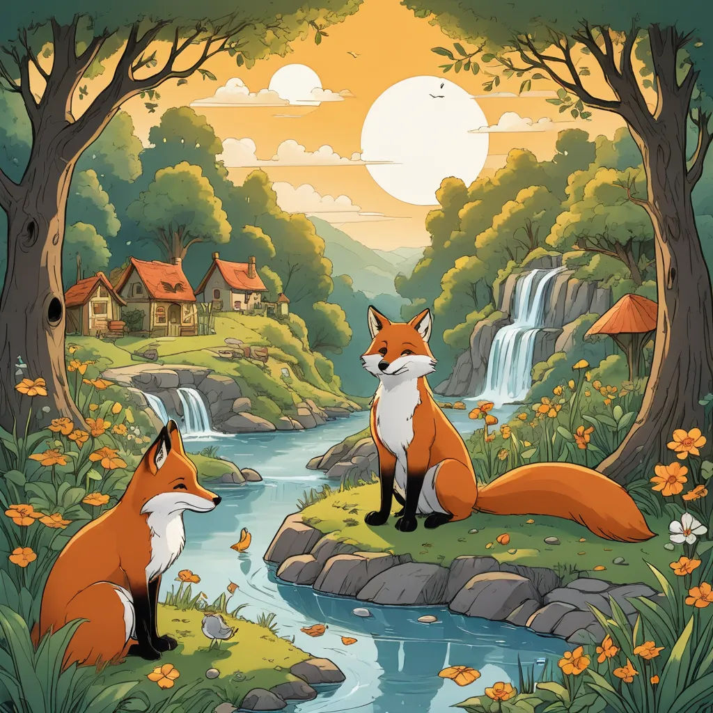 a painting of two foxes sitting on a rock in front of a stream and a house with a waterfall, fantasy art, a storybook illustration, Dan Mumford, storybook illustration