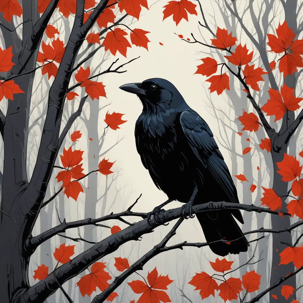 a black bird sitting on a branch in a tree with red leaves on it's branches and a full moon in the background, gothic art, poster art, Dan Mumford, josan gonzales and dan mumford