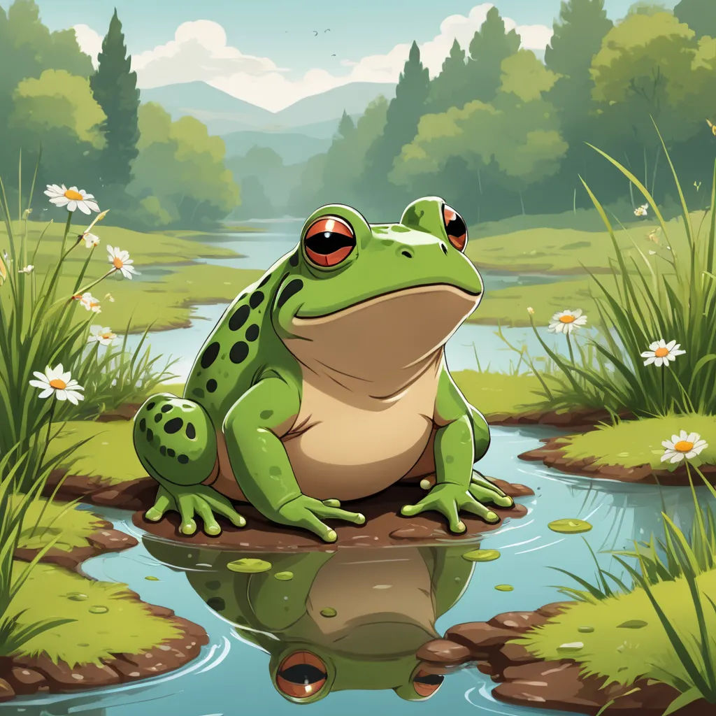 a frog sitting on a rock in a pond of water with a forest in the background and flowers in the foreground, environmental art, a storybook illustration, Andries Stock, 2 d game art