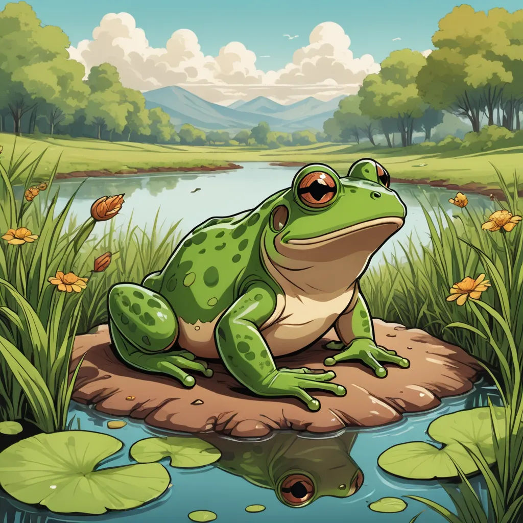 a frog sitting on a rock in the water near a pond with lily pads and a mountain in the background, fantasy art, a storybook illustration, Andries Stock, 2 d game art