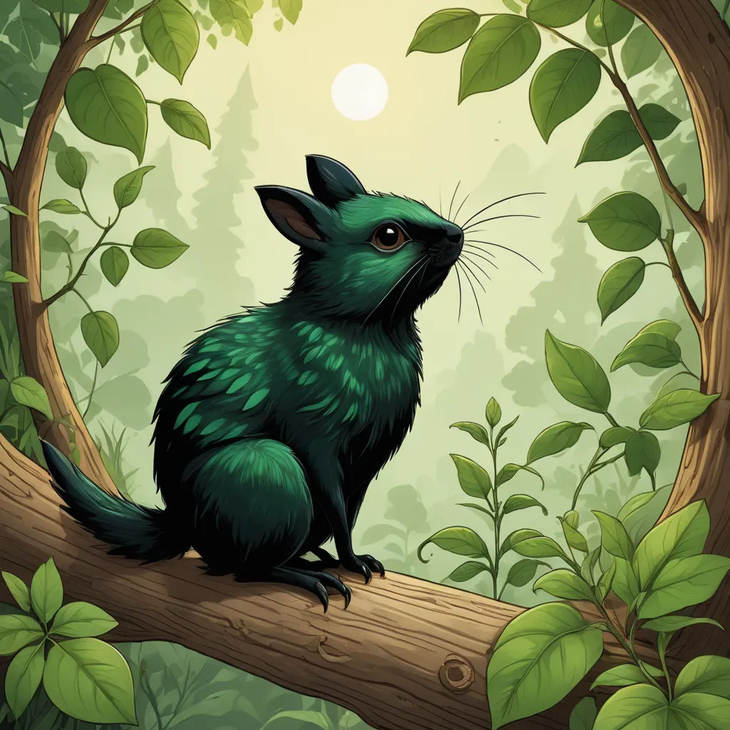 a green animal sitting on a tree branch in a forest with leaves and a sun in the background with a green background, fantasy art, a storybook illustration, Brom, fantasy illustration